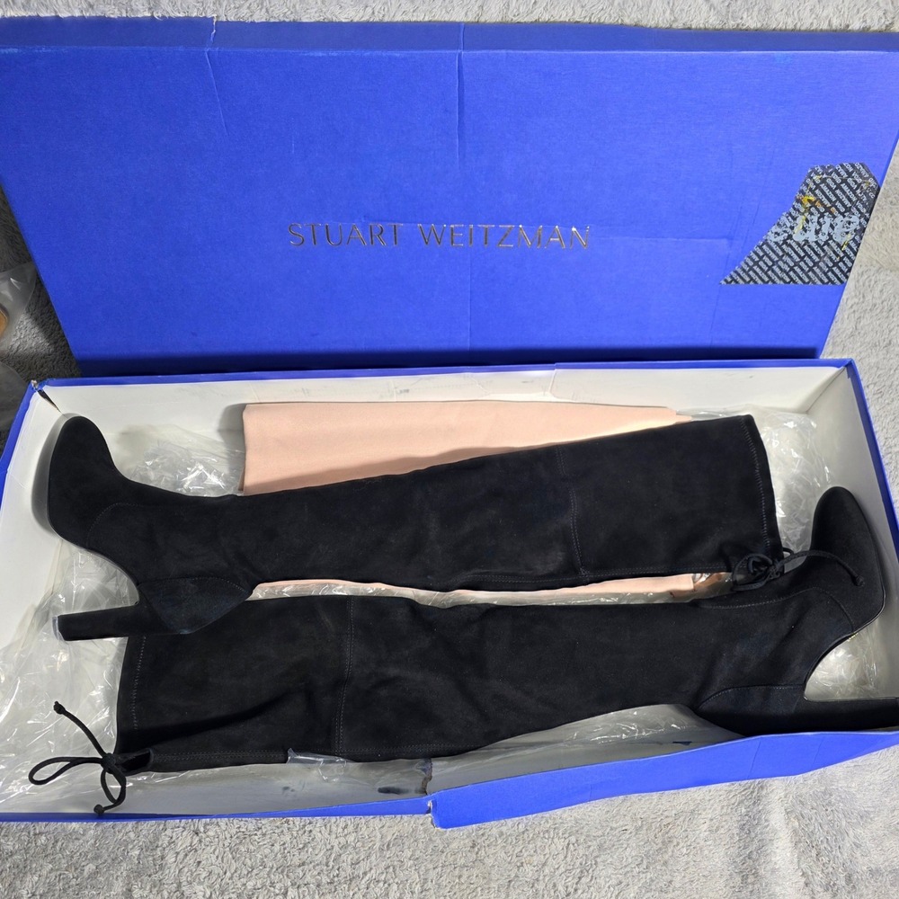 Stuart Weitzman Lowland Stretch Suede Black Over the Knee Boots In Box Size 6B - Picture 2 of 7